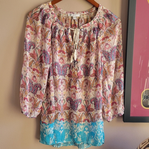 DR2 Women’s Medium Long Sleeve Shirt Boho Tunic Top Pop Over Tassels Multicolor - Picture 1 of 11